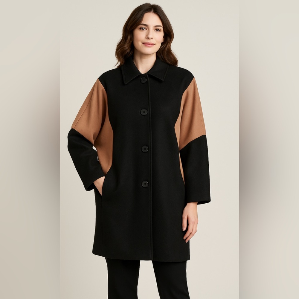 Vintage 80s Freddi-Gail Wool Colorblock Coat Black Camel Sz 14